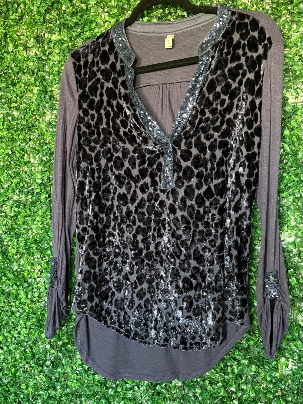 Anthropologie Tiny Velvet Leopard-Print Navy Blue Long Sleeve Blouse